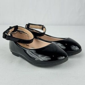 Link Comfort Black Patent Leather Ankle Strap Flats for Toddlers